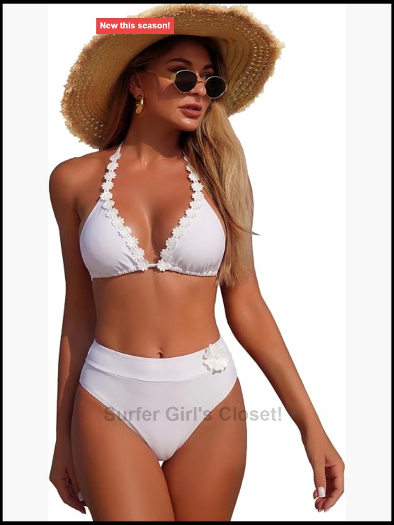 Triangle Bikini Set Halter Padded Swimsuit With Flower Accent